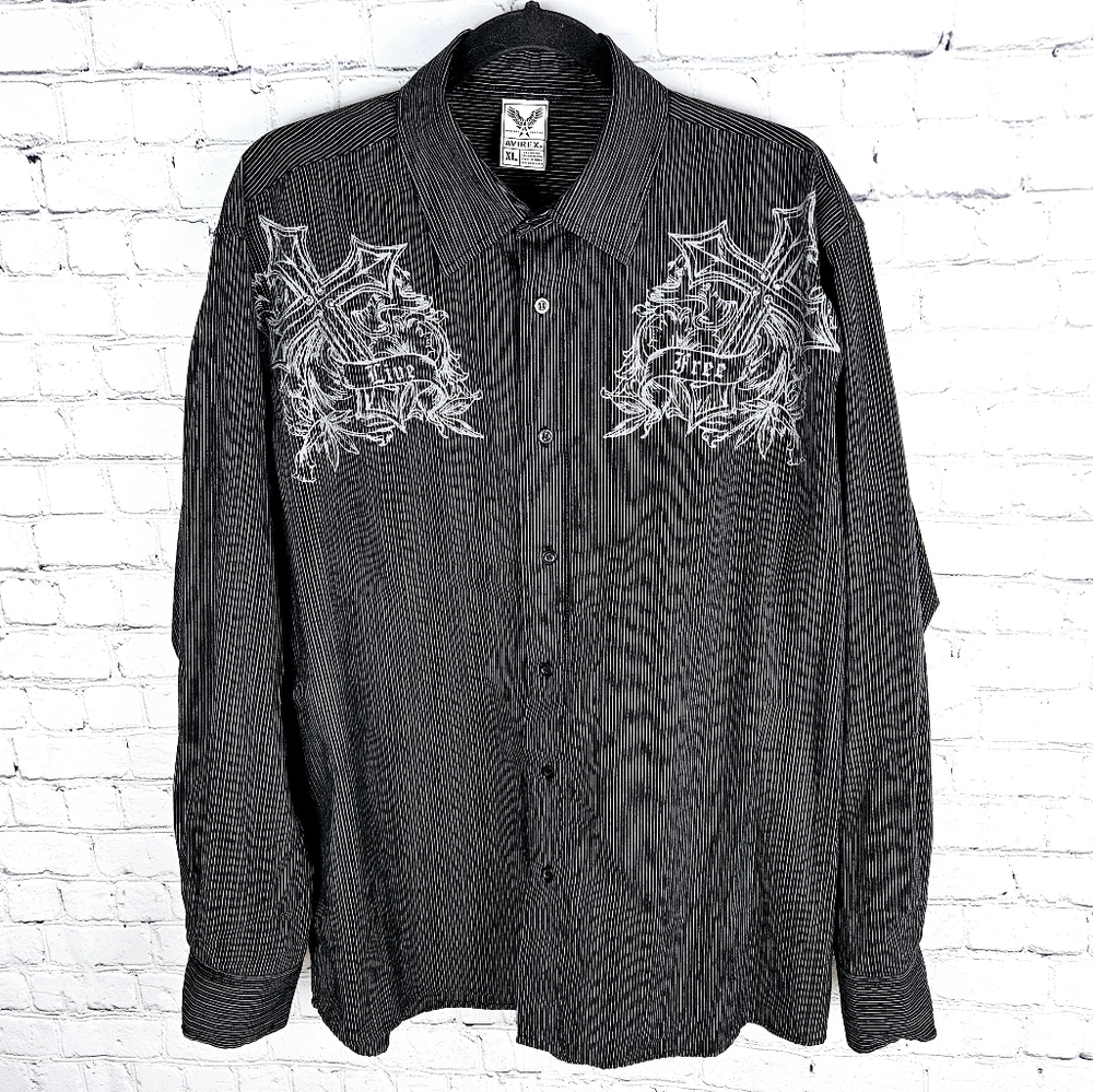 AVIREX | "Live Free" graphic button-up striped long sleeve shirt